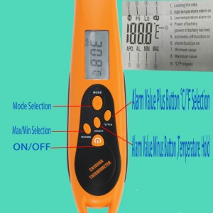 Allarme alta / bassa temperatura a forma di picchio Alert termometro per alimenti asettico Safty ad alta prestazione con sonda piegata